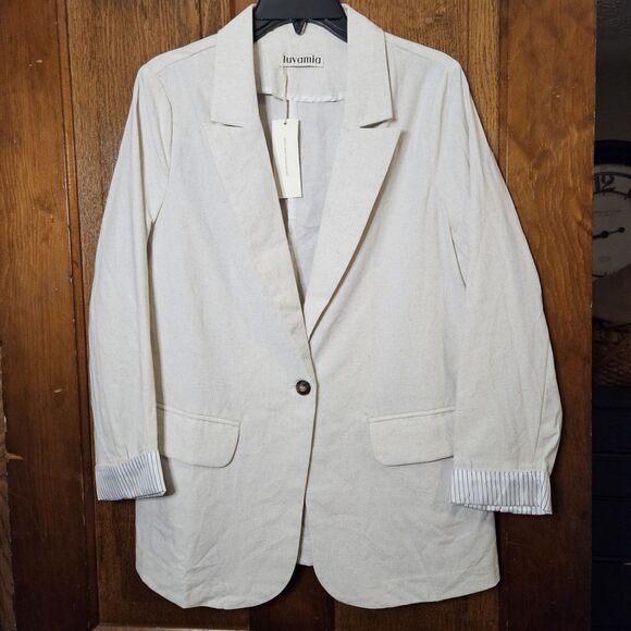 Luvamia Blazer Womens M Linen Tan Apricot Business Casual Dressy Work New - Picture 5 of 8